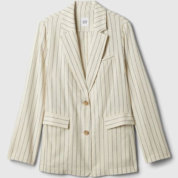 $120 NWT GAP LINEN FLAX BLEND Women's Cream Striped Blazer SZ XL - Picture 1 of 6